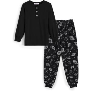 Arshiner Boys Pajamas Long Sleeve Henley Top and Pants Boys 2 Piece Pajama Set Sleepwear for 6-14 Years(Black Moon)