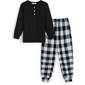 Arshiner Boys Pajamas Long Sleeve Henley Top and Pants Boys 2 Piece Pajama Set Sleepwear for 6-14 Years(Black Plaid)