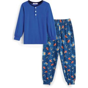 Arshiner Boys Pajamas Long Sleeve Henley Top and Pants Boys 2 Piece Pajama Set Sleepwear for 6-14 Years(Blue)
