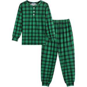 Arshiner Boys Pajamas Long Sleeve Henley Top and Pants Boys 2 Piece Pajama Set Sleepwear for 6-14 Years(Green Plaid)