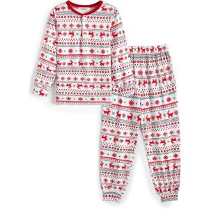 Arshiner Boys Pajamas Long Sleeve Henley Top and Pants Boys 2 Piece Pajama Set Sleepwear for 6-14 Years(Red Deer)