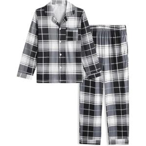 Arshiner Boys Pajamas Set Long Sleeve Button-Down Sleepwear 2 Piece Pjs Set for Boys 5-13 Years(Black Plaid)