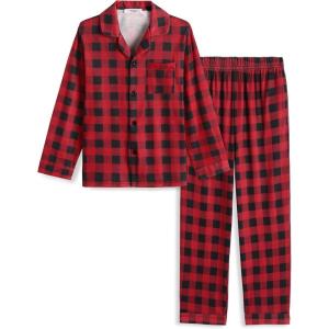 Arshiner Boys Pajamas Set Long Sleeve Button-Down Sleepwear 2 Piece Pjs Set for Boys 5-13 Years(Red Plaid)