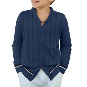 Arshiner Boys School Cardigan Sweater Long Sleeve Button Down Knit Shirts Fall Casual Vintage Shirt for Kids 5-13 Years(Navy Blue)