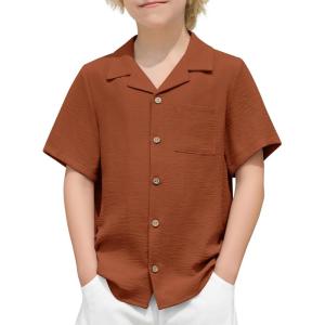 Arshiner Boys Short Sleeve Button Down Shirt Texture Summer Beach Vacation Shirt 4-12 Years(Caramel)