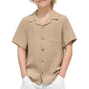 Arshiner Boys Short Sleeve Button Down Shirt Texture Summer Beach Vacation Shirt 4-12 Years(Khaki)