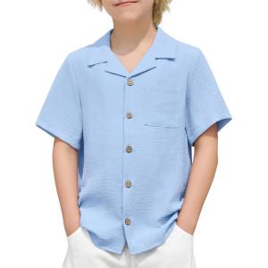 Arshiner Boys Short Sleeve Button Down Shirt Texture Summer Beach Vacation Shirt 4-12 Years(Light Blue)