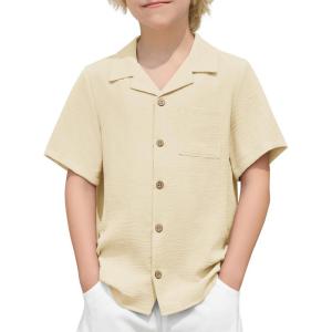 Arshiner Boys Short Sleeve Button Down Shirt Texture Summer Beach Vacation Shirt 4-12 Years(Light Khaki)