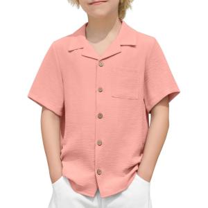 Arshiner Boys Short Sleeve Button Down Shirt Texture Summer Beach Vacation Shirt 4-12 Years(Pink)