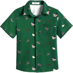 Arshiner Boys Short Sleeve Dress Shirts Solid Button Down Shirts Summer Formal Uniform Shirt with Pocket(Green Teddy)