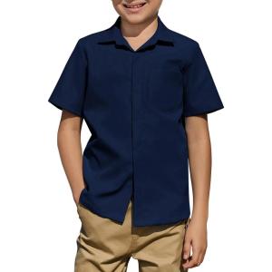 Arshiner Boys Short Sleeve Dress Shirts Solid Button Down Shirts Summer Formal Uniform Shirt with Pocket(Navy Blue)
