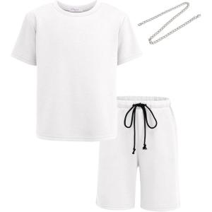 Arshiner Boys Solid Round Neck Tee & Track Shorts Set with Chain Necklace White Size 12