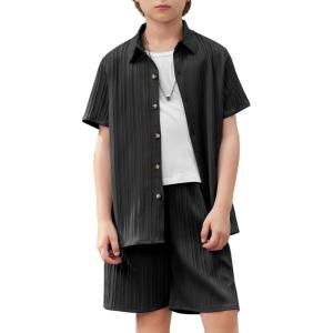 Arshiner Boy’s Textured Button Up Shirt and Shorts Set 2 Piece Summer Beach Outfit for 5~12 Years Kids(Black)