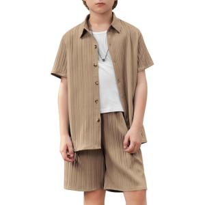 Arshiner Boy’s Textured Button Up Shirt and Shorts Set 2 Piece Summer Beach Outfit for 5~12 Years Kids(Khaki)