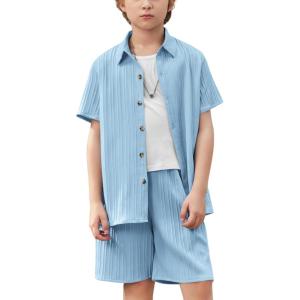 Arshiner Boy’s Textured Button Up Shirt and Shorts Set 2 Piece Summer Beach Outfit for 5~12 Years Kids(Light Blue)