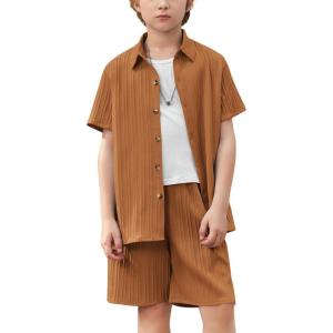Arshiner Boy’s Textured Button Up Shirt and Shorts Set 2 Piece Summer Beach Outfit for 5~12 Years Kids(Light Brown)
