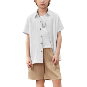 Arshiner Boy’s Textured Button Up Shirt and Shorts Set 2 Piece Summer Beach Outfit for 5~12 Years Kids(White & Khaki)
