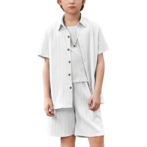 Arshiner Boy’s Textured Button Up Shirt and Shorts Set 2 Piece Summer Beach Outfit for 5~12 Years Kids(White)