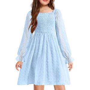 Arshiner Girl Tulle Dress Winter Long Sleeve Teen Girls Party Casual Dresses 5-14Y(Blue)