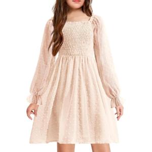 Arshiner Girl Tulle Dress Winter Long Sleeve Teen Girls Party Casual Dresses 5-14Y(Champagne)