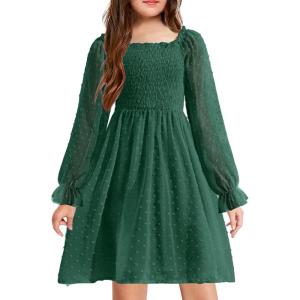 Arshiner Girl Tulle Dress Winter Long Sleeve Teen Girls Party Casual Dresses 5-14Y(Dark Green)