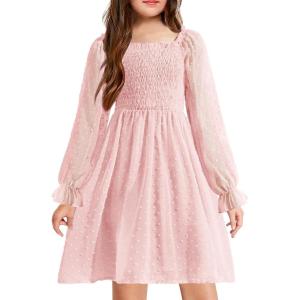 Arshiner Girl Tulle Dress Winter Long Sleeve Teen Girls Party Casual Dresses 5-14Y(Pink)