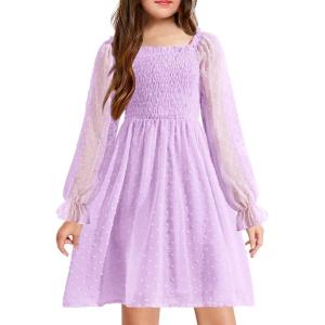 Arshiner Girl Tulle Dress Winter Long Sleeve Teen Girls Party Casual Dresses 5-14Y(Purple)