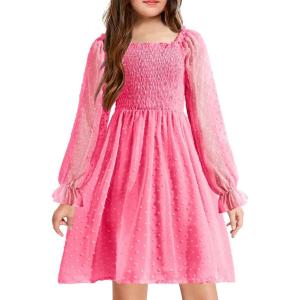 Arshiner Girl Tulle Dress Winter Long Sleeve Teen Girls Party Casual Dresses 5-14Y(Rose Red)