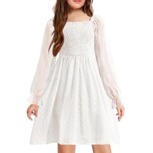 Arshiner Girl Tulle Dress Winter Long Sleeve Teen Girls Party Casual Dresses 5-14Y(White)