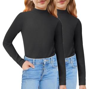 Arshiner Girls 2 Pack Mock Turtleneck Long Sleeve Shirts Slim Fit Casual Trendy Soft Base Layer Top Tee(Black/Black)