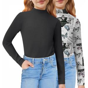 Arshiner Girls 2 Pack Mock Turtleneck Long Sleeve Shirts Slim Fit Casual Trendy Soft Base Layer Top Tee(Black/Butterfly Print)