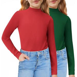 Arshiner Girls 2 Pack Mock Turtleneck Long Sleeve Shirts Slim Fit Casual Trendy Soft Base Layer Top Tee(Red/Green)