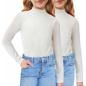 Arshiner Girls 2 Pack Mock Turtleneck Long Sleeve Shirts Slim Fit Casual Trendy Soft Base Layer Top Tee(White/White)