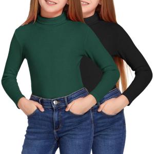 Arshiner Girls 2 Pack Turtleneck Long Sleeve Shirts Ribbed Base Layer Top Slim Fit Pullover Blouse Tee(Black/Green)