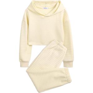 Arshiner Girls 2 Piece Outfit Waffle Knit Pullover Hooded Sweatshirt and Sweatpants Clothing Sets Long Sleeve Tracksuits(Beige)