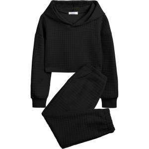Arshiner Girls 2 Piece Outfit Waffle Knit Pullover Hooded Sweatshirt and Sweatpants Clothing Sets Long Sleeve Tracksuits(Black)