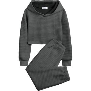 Arshiner Girls 2 Piece Outfit Waffle Knit Pullover Hooded Sweatshirt and Sweatpants Clothing Sets Long Sleeve Tracksuits(Dark Gray)