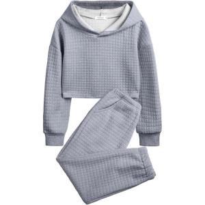 Arshiner Girls 2 Piece Outfit Waffle Knit Pullover Hooded Sweatshirt and Sweatpants Clothing Sets Long Sleeve Tracksuits(Grey)