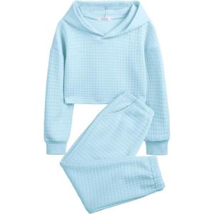 Arshiner Girls 2 Piece Outfit Waffle Knit Pullover Hooded Sweatshirt and Sweatpants Clothing Sets Long Sleeve Tracksuits(Light Blue)