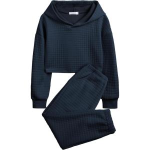 Arshiner Girls 2 Piece Outfit Waffle Knit Pullover Hooded Sweatshirt and Sweatpants Clothing Sets Long Sleeve Tracksuits(Navy Blue)