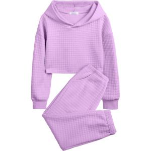 Arshiner Girls 2 Piece Outfit Waffle Knit Pullover Hooded Sweatshirt and Sweatpants Clothing Sets Long Sleeve Tracksuits(Purple)