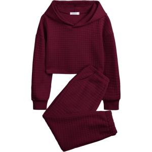 Arshiner Girls 2 Piece Outfit Waffle Knit Pullover Hooded Sweatshirt and Sweatpants Clothing Sets Long Sleeve Tracksuits(Red)