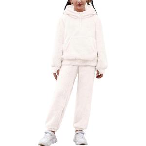 Arshiner Girls 2 Piece Outfits Drop Shoulder Hoodie Half Zip Fluffy Sweatshirt and Fleece Pants Sweatsuit(Cream)