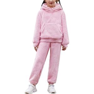 Arshiner Girls 2 Piece Outfits Drop Shoulder Hoodie Half Zip Fluffy Sweatshirt and Fleece Pants Sweatsuit(Pink)