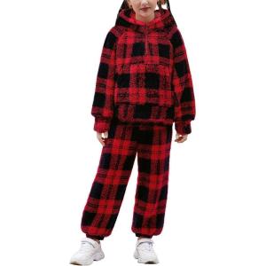 Arshiner Girls 2 Piece Outfits Drop Shoulder Hoodie Half Zip Fluffy Sweatshirt and Fleece Pants Sweatsuit(Red Plaid)