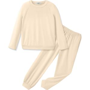 Arshiner Girls 2 Piece Outfits Fall Clothes Long Sleeve Pullover Sweatshirt and Sweatpants with Pockets Kids Clothing(Beige)