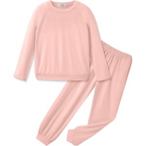 Arshiner Girls 2 Piece Outfits Fall Clothes Long Sleeve Pullover Sweatshirt and Sweatpants with Pockets Kids Clothing(Light Pink)