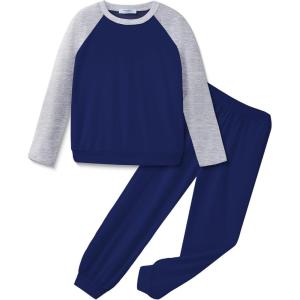 Arshiner Girls 2 Piece Outfits Fall Clothes Long Sleeve Pullover Sweatshirt and Sweatpants with Pockets Kids Clothing(Navy Blue&grey)