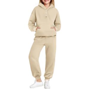 Arshiner Girls 2 Piece Outfits Fashion Sweatsuits Button Down Hooded Sweatshirt and Sweatpants with Pockets Kids Tracksuit(Beige)
