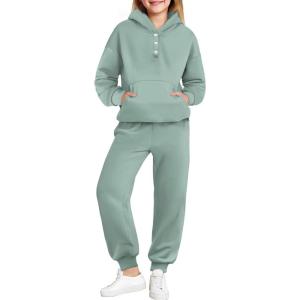 Arshiner Girls 2 Piece Outfits Fashion Sweatsuits Button Down Hooded Sweatshirt and Sweatpants with Pockets Kids Tracksuit(Light Green)